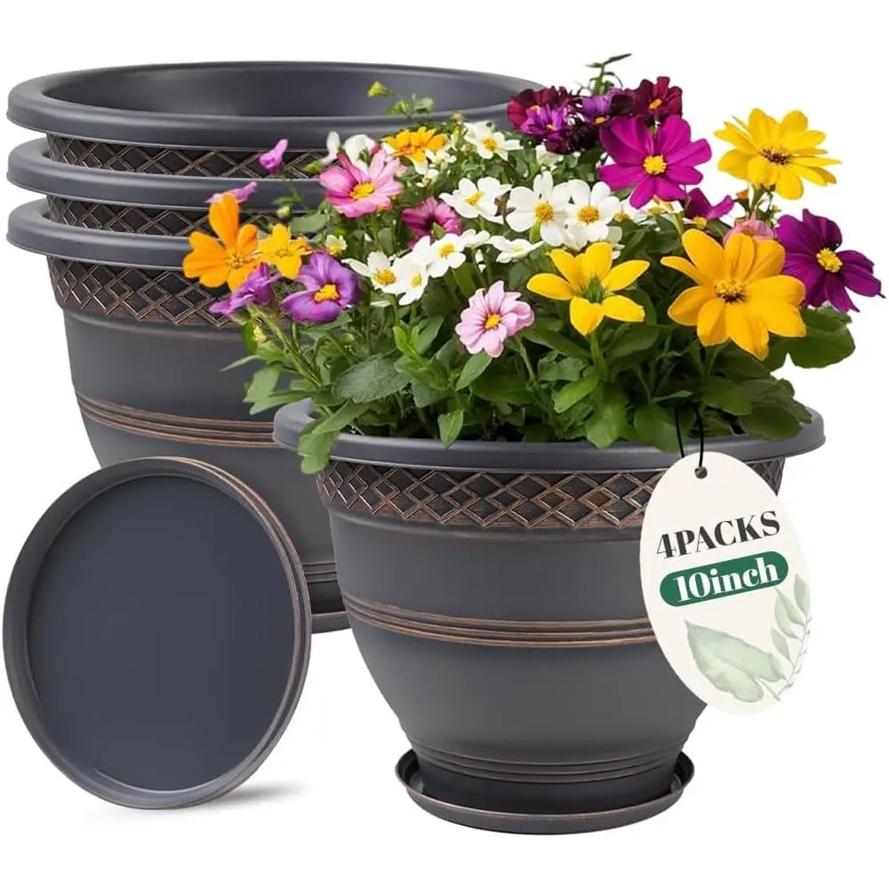 10 Inch 4-Pack Plastic Plant Pots with Drainage Holes and Saucer for Indoor/Outdoor Use