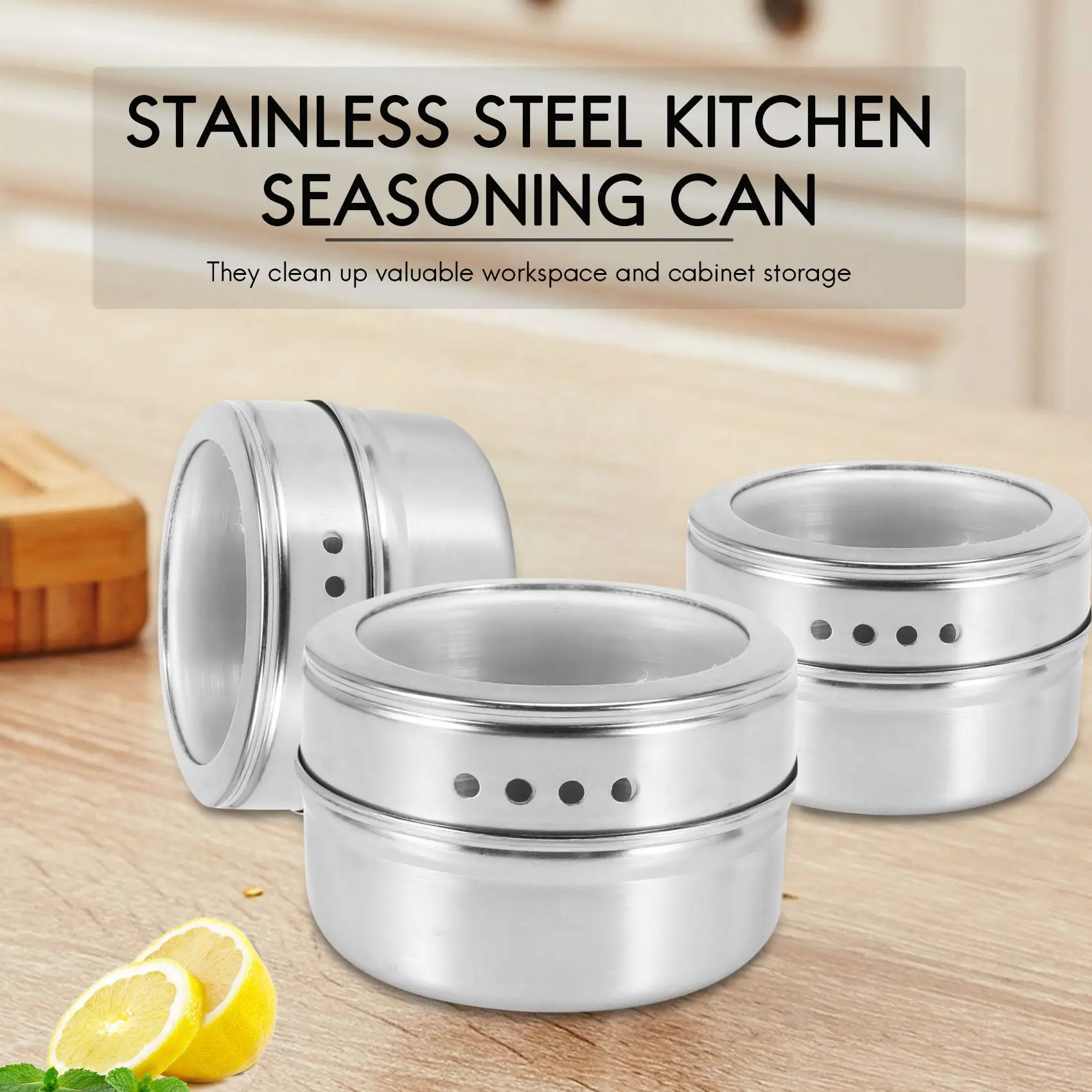 

A19I-12Pcs/Set Clear Lid Magnetic Spice Tin Jar Stainless Steel Spice Sauce Storage Container Jars Kitchen Condiment Holder Hous