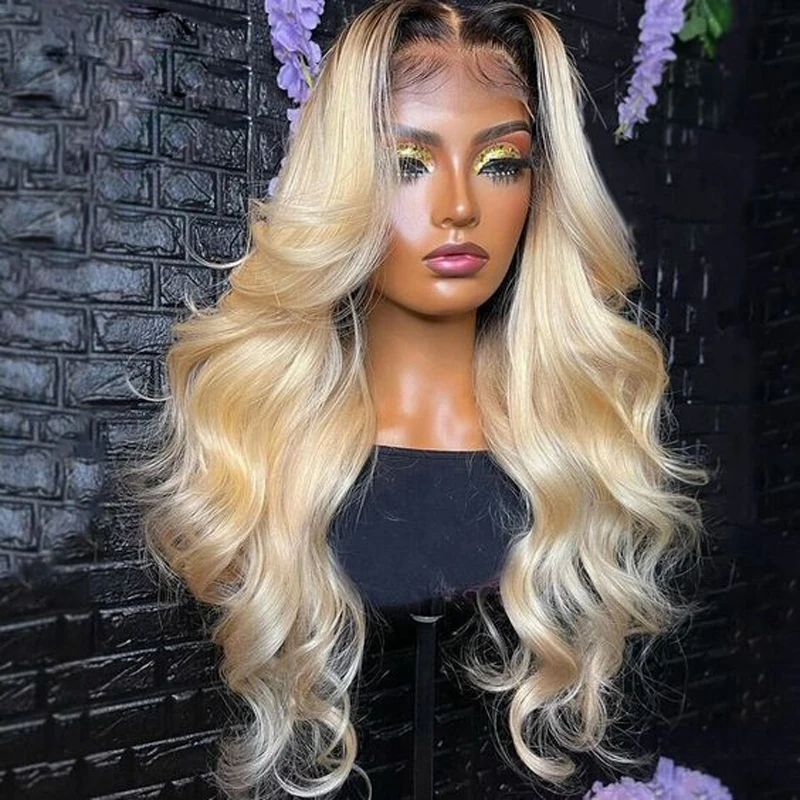 180% Dichtheid 26Inch Zacht Ombre Blonde 613 Body Wave Pretokkelde Natuurlijke Haarlijn Lijmloze Kant Voorkant Pruik Voor Zwarte Vrouwen Babyhaar