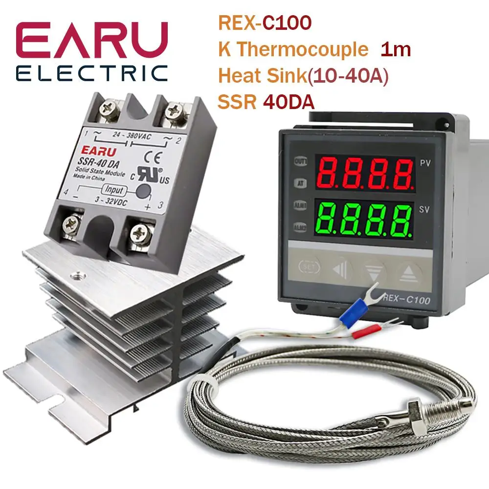 

Digital PID Temperature Controller Thermostat REX-C100 + Max 40A SSR SSR-40DA Relay + K Thermocouple M6 1M Probe with Heat Sink