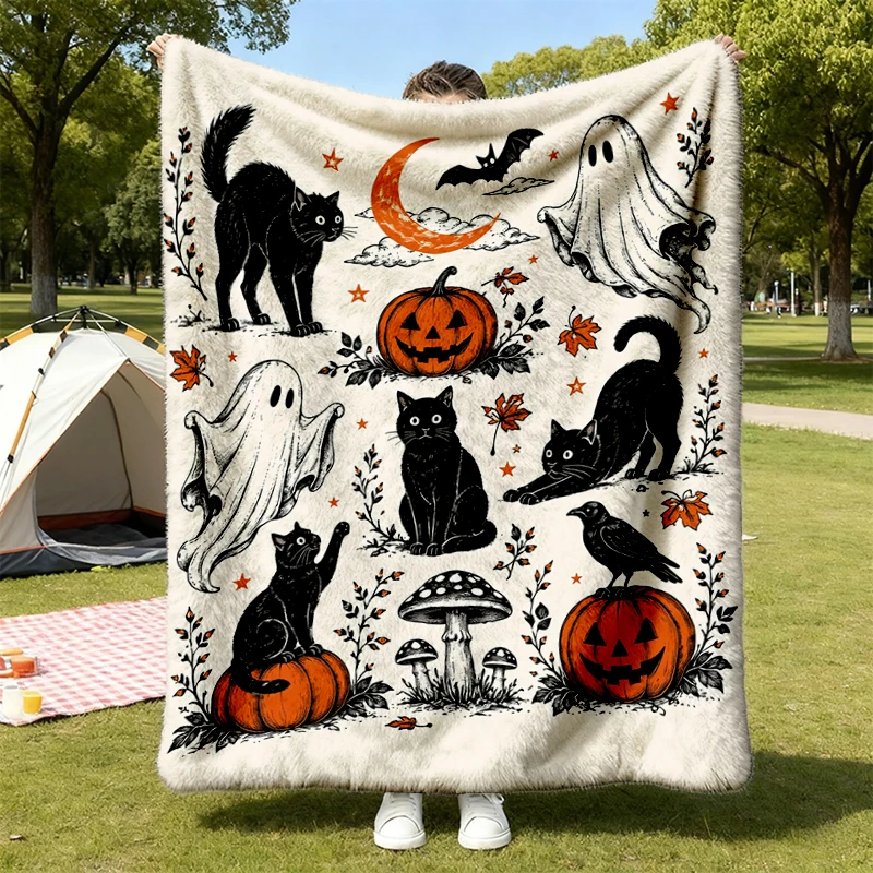 Halloween Black Cat Ghost Comfort Colors? Flannel Blanket, Spooky Cat Graphic Flannel Throw, Pumpkin Moon Cozy Blanket