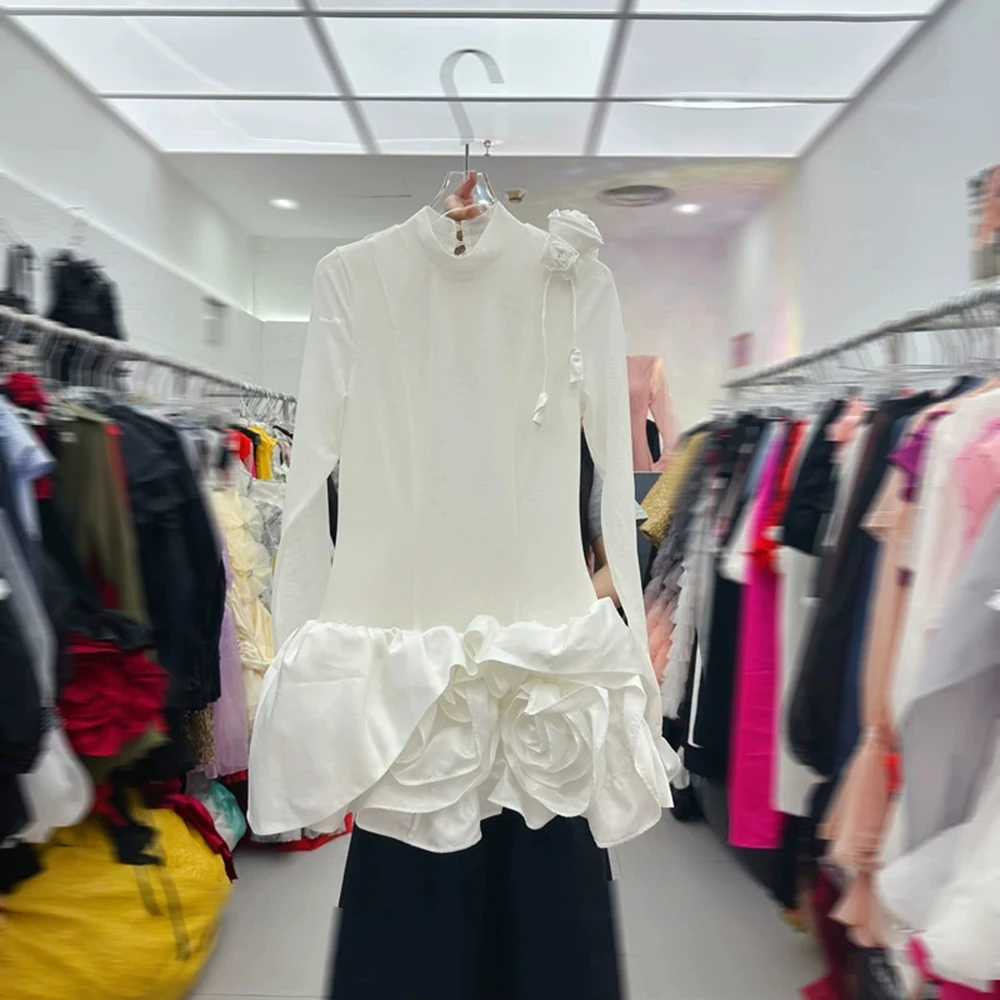 

High-end temperament Vietnamese niche long-sleeved white flower mesh see-through dress slim fit-GZXX316