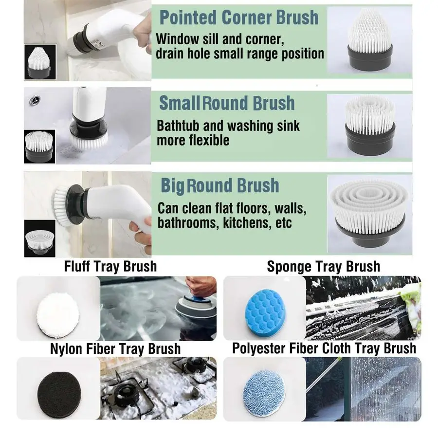 فرشاة تنظيف دوارة كهربائية، فرشاة تنظيف قابلة لإعادة الشحن بمقبض قابل للسحب مع 7 رؤوس فرشاة قابلة للاستبدال، قوة لاسلكية