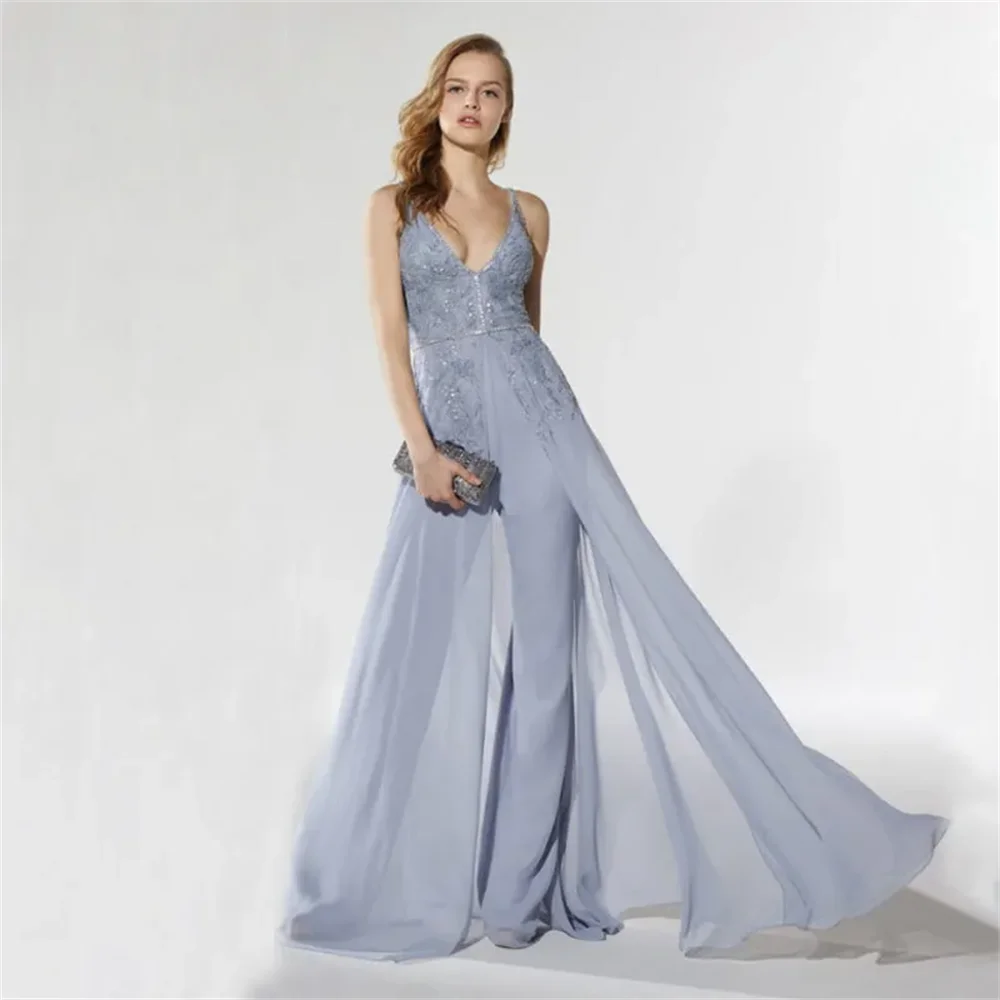 

Elegant Sequined Jumpsuit Mother Of The Bride Dresses V Neck Lace Appliqued Floor Length Chiffon Beaded Evening Gowns