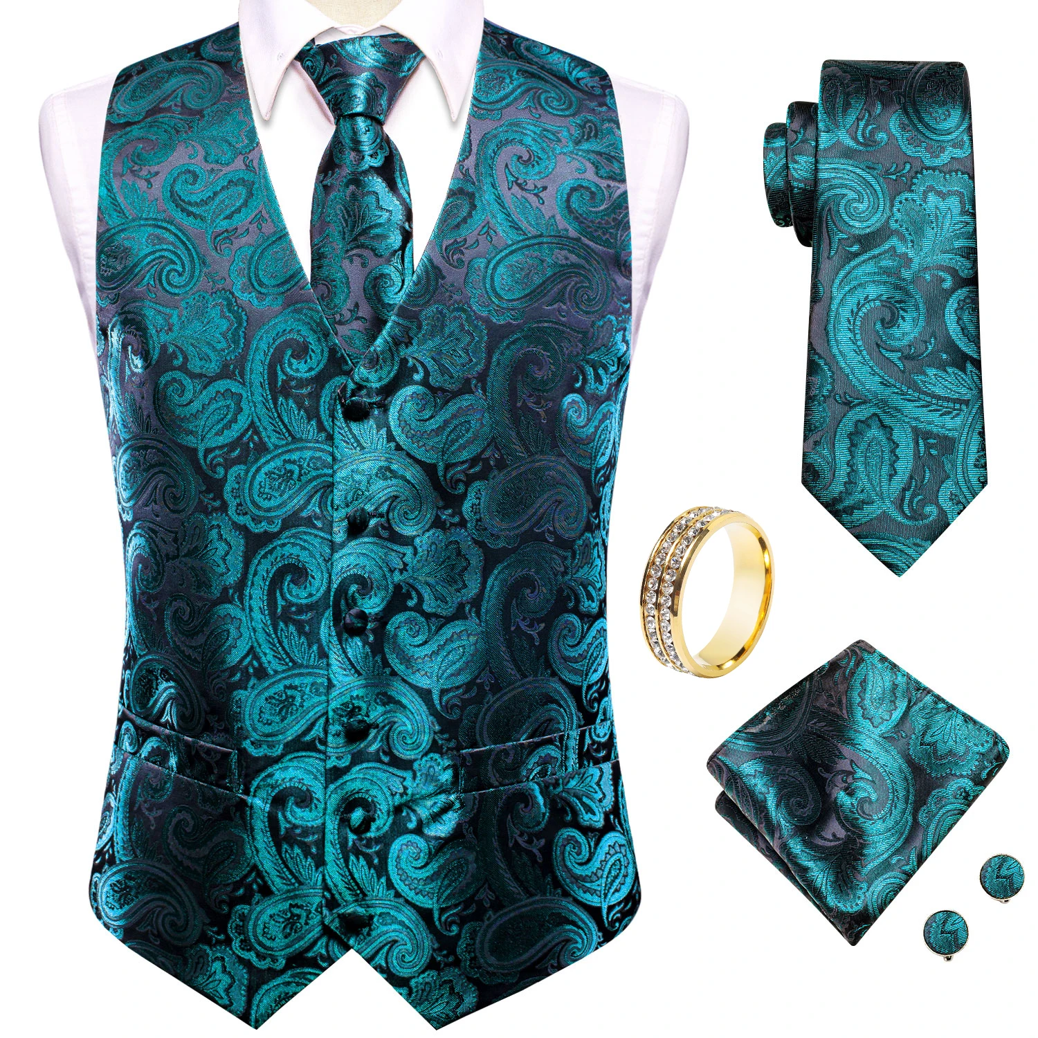 Black Teal Paisley V-Neck Vest Matching Set Tie Pocket Square Cufflinks Ring For Stage Talent Show