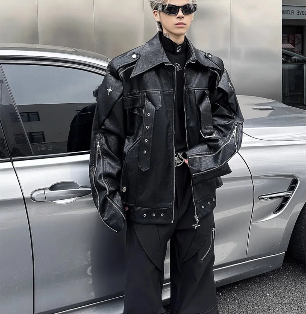 

Autumn New Men's Eyelets Leather Bomber Jacket Black Punk Buckle Belt Star Zip-up Oversize Coat Motorcycle Vintage Outerwear Y2k