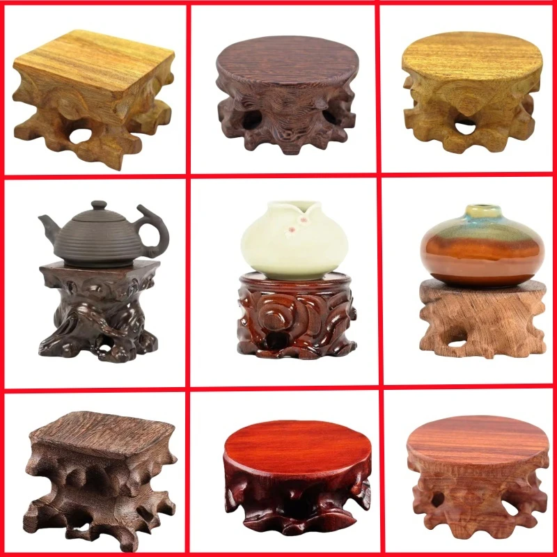 Natural Solid Wood Miniature Base Coffee Tea Sets Pedestal Figurines Vase Flower Pot Sorting Table Display Stand Plant Shelves