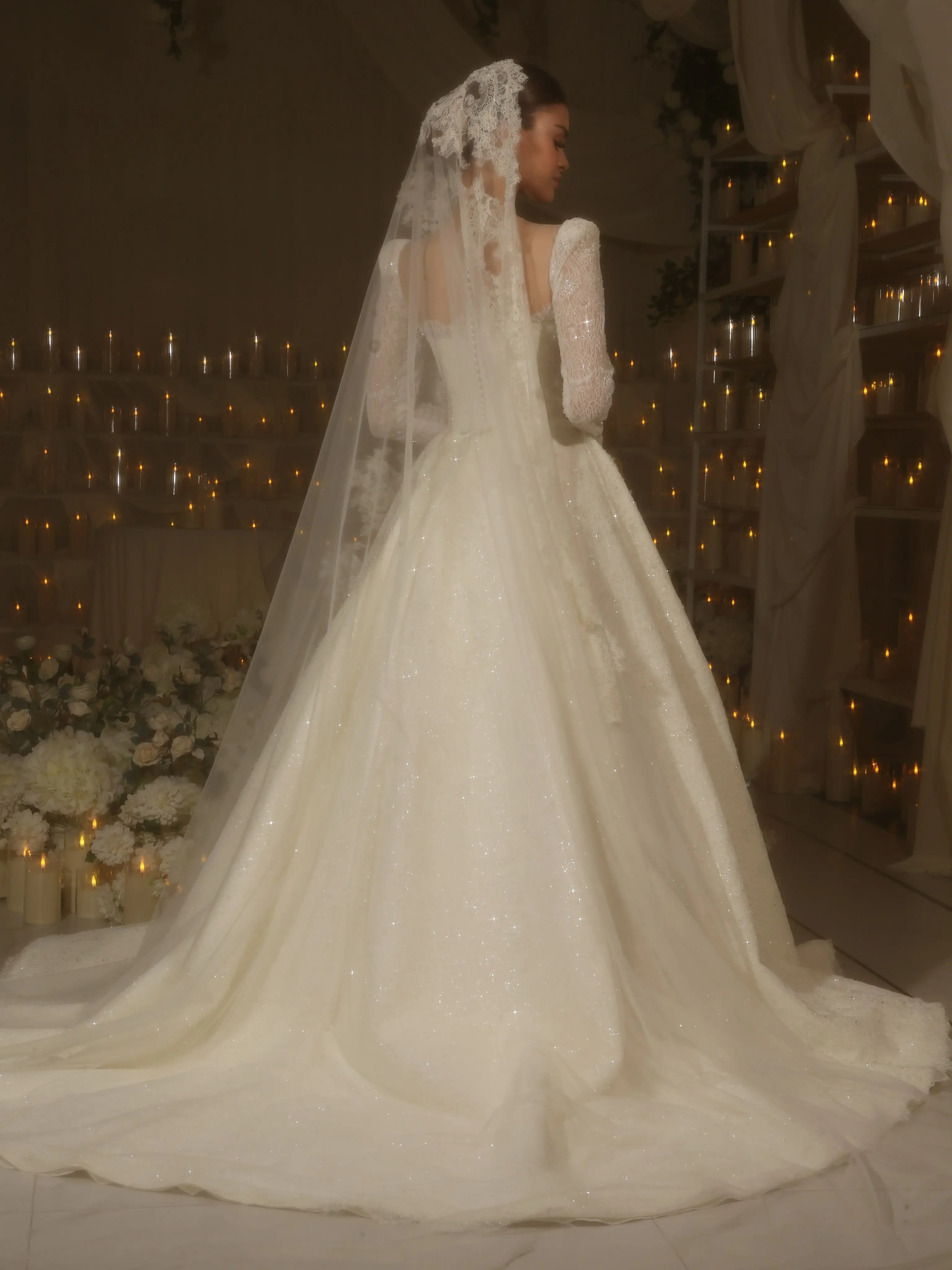 Luxury Square Collar Phantom Long Sleeve Princess Wedding Dress Sparkling Tulle Bride Dress A-line Lace Ball Dress Customization