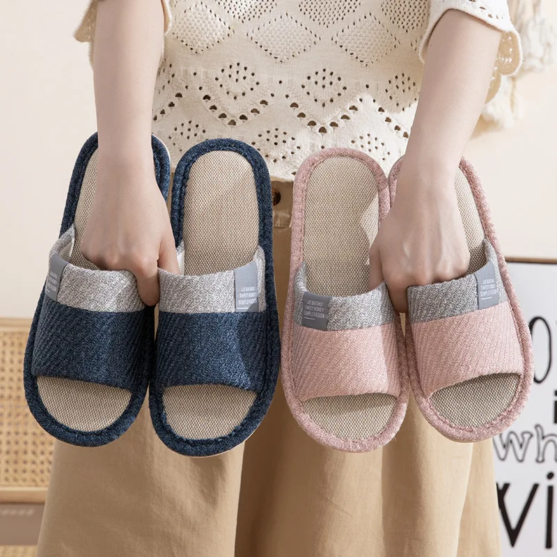 Zapatillas de casa de lino y algodón cómodas para invierno, chanclas de tacón plano antideslizantes para mujer, chanclas de suela blanda Multicolor para interior de casa para adultos