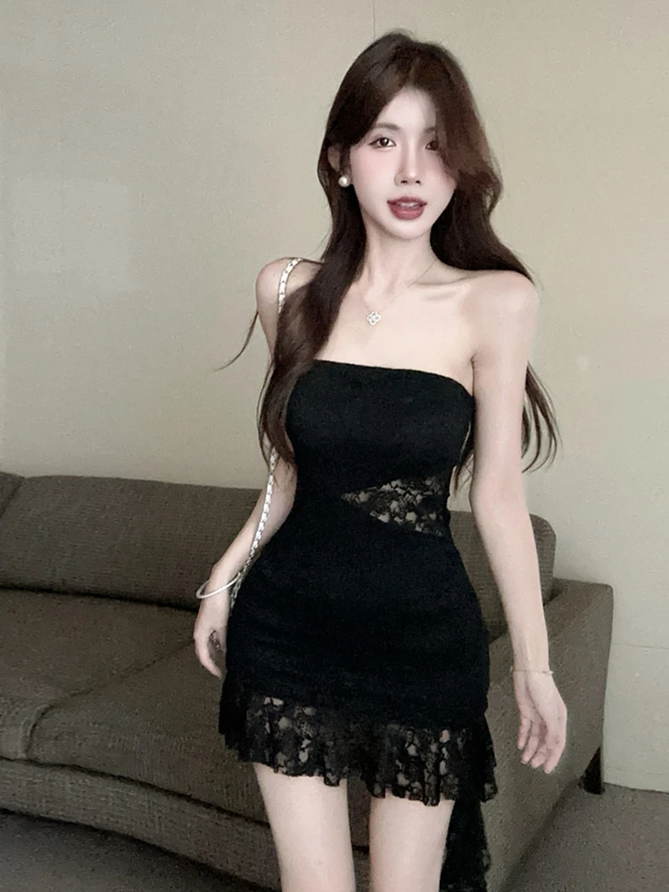 

Sexy Sweet And Spicy Lace Hollow out Waist Cinching Bal Dr Women's Faion Spring Summer ort Skirt One oulder