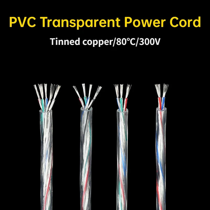 1~20m Transparent Power Cord  2 3 4 5 Cores PVC Insulation Tinned Copper Cable 28/26/24/22/20/18/16AWG LED Light Electronic Wire