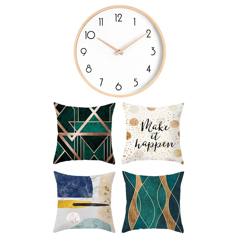 

Wall Clock,Silent Non-Ticking Wall Clock With 4Pcs Geometric Series Peachskin Pillowcase