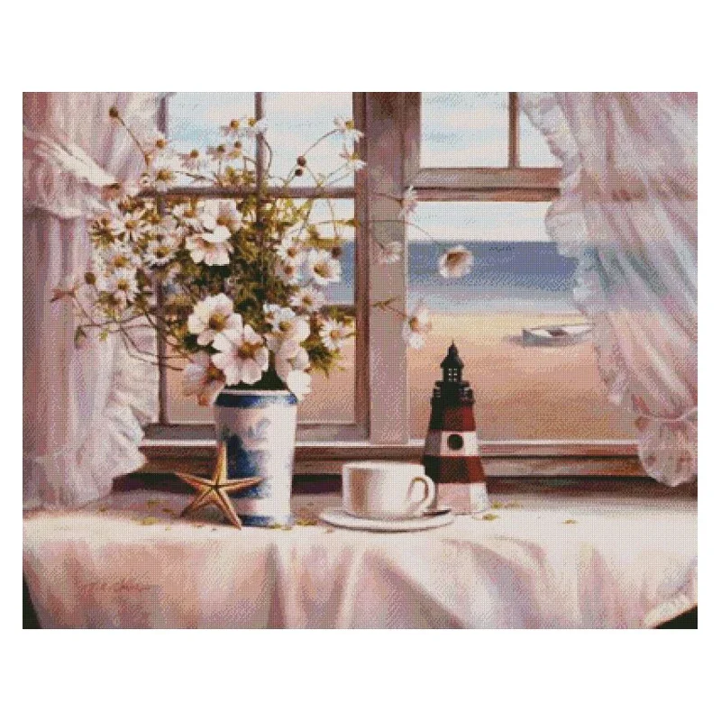 Amishop FREE Delivery Hot Sell Top Quality Cross Stitch Kit Windowsill Daisy Flower Window Pagoda Seaside Starfish