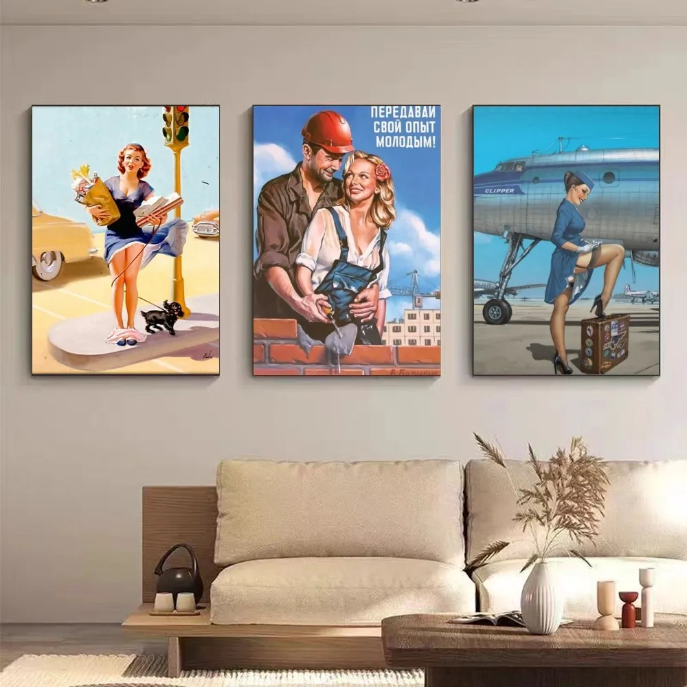 USSR CCCP Pin Up Girl Vintage Art Painting Wall Stickers Poster Prints Perfect Design Nordic Modern living room Home Decor Gift