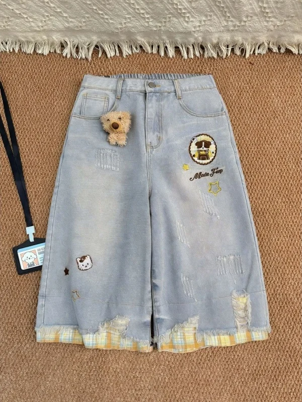 Retro Embroidered Bear Plaid Patchwork Seven-Foot Women's Summer Loose Thin Wide Leg Straight Washed Mid-Pants Denim Jeans