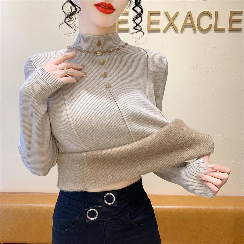 

2025,New,European,Clothes,Fall,Winter,Knitted,Sweater,Women,Chic,Sexy,Mock Neck,Button,Shiny,Beading,Long Sleeve,Slim,Tops,51044
