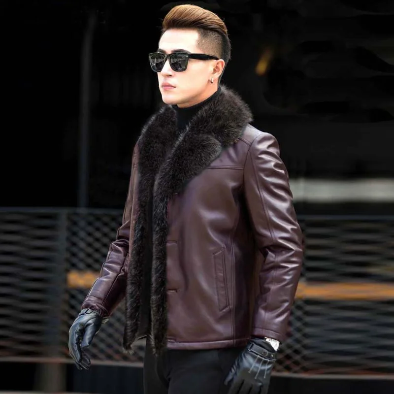 

Raccoon Fur Collar Men Leather Coat Winter New Men's Sheepskin One Genuine Jacket Male Warmer Jackets