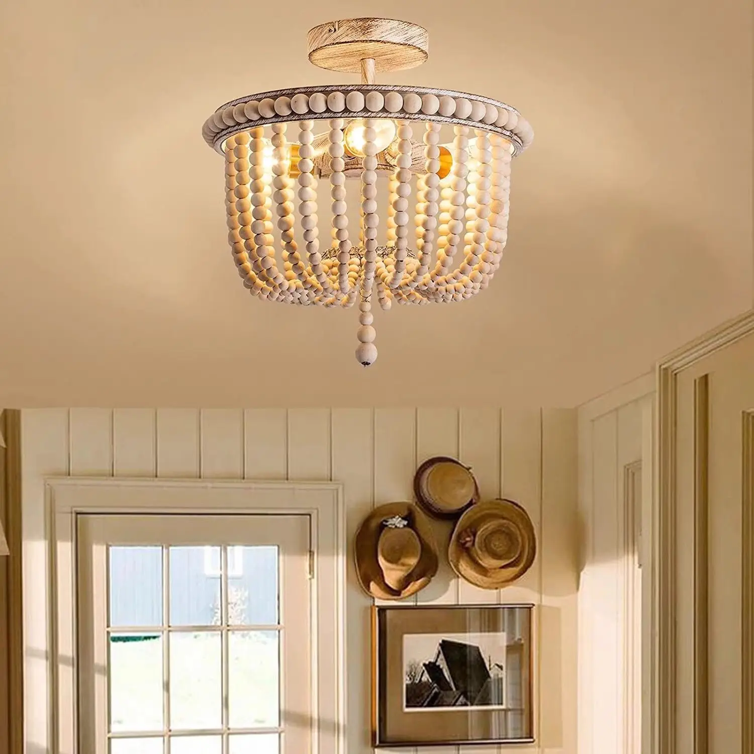 

American Ceiling Light Vintage Wood Beads Semi Flush Mount Lamp for Bedroom Porch Decor