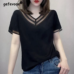 Women Clothing 2024 Summer Trendy Sexy Sheer Mesh Patchwork Basic T-shirt Y2K Female Casual Black V Neck Short Sleeve Loose Tops