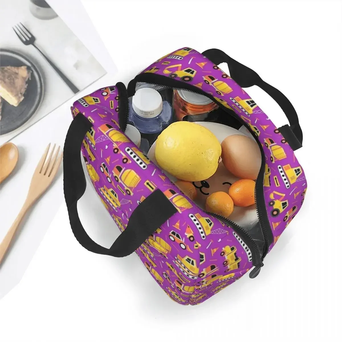 Construction Truck On Bright Purple Insulated Lunch Bag Cooler Bag Reusable Portable Tote Lunch Box Food Storage Bags Outdoor