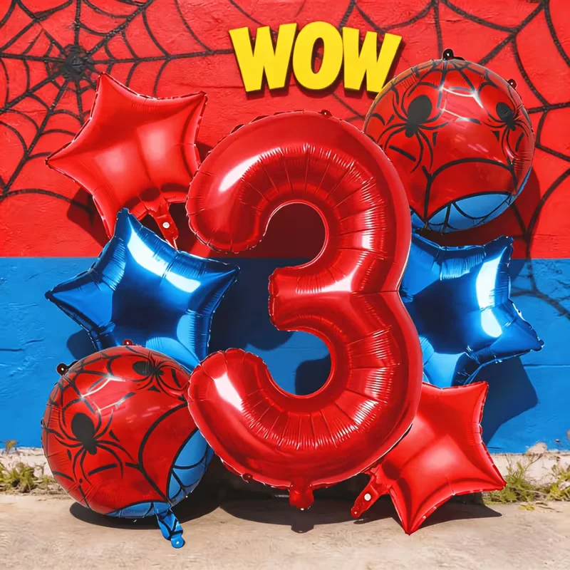 7-teiliges Rot-Blaues Spinnen-Folienballon-Set 40 Zoll Rote Zahlen Stern Spinnenballon Jungen Geburtstagsparty Valentinstag Dekorationen