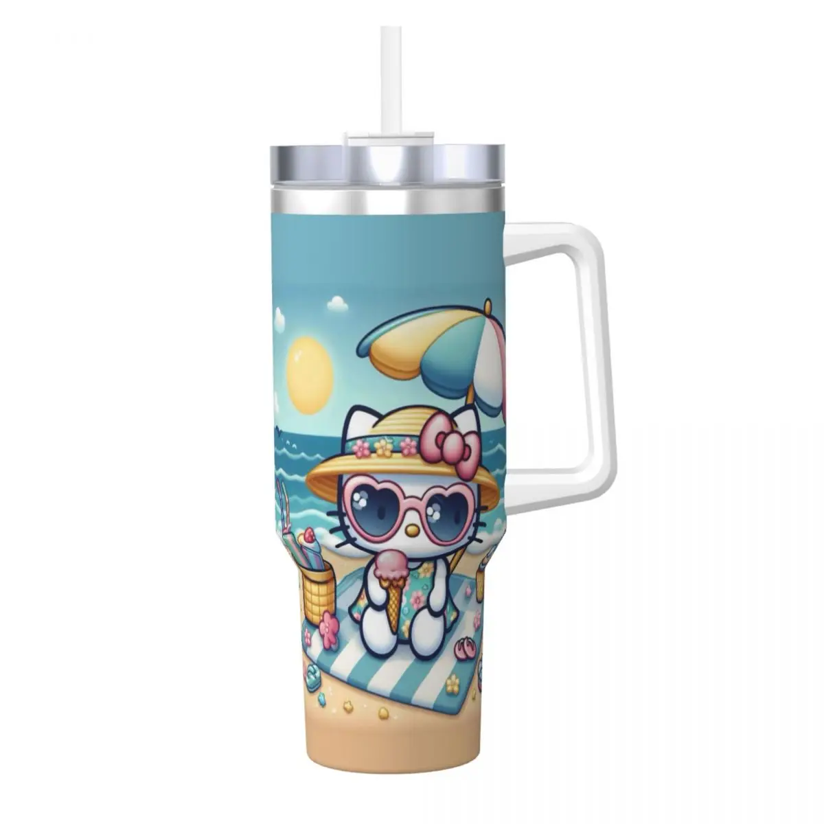 

Stainless Steel Tumbler Hello Kitty Beach Vacation Car Mugs With Straws Driving Cold and Hot Water Bottle Insulated Large Cups
