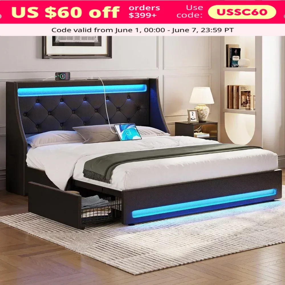 

Twin Bed Frame with LED Lights and Charging Station, Wooden Planks, Easy To Assemble Upholstered Bed with Drawers