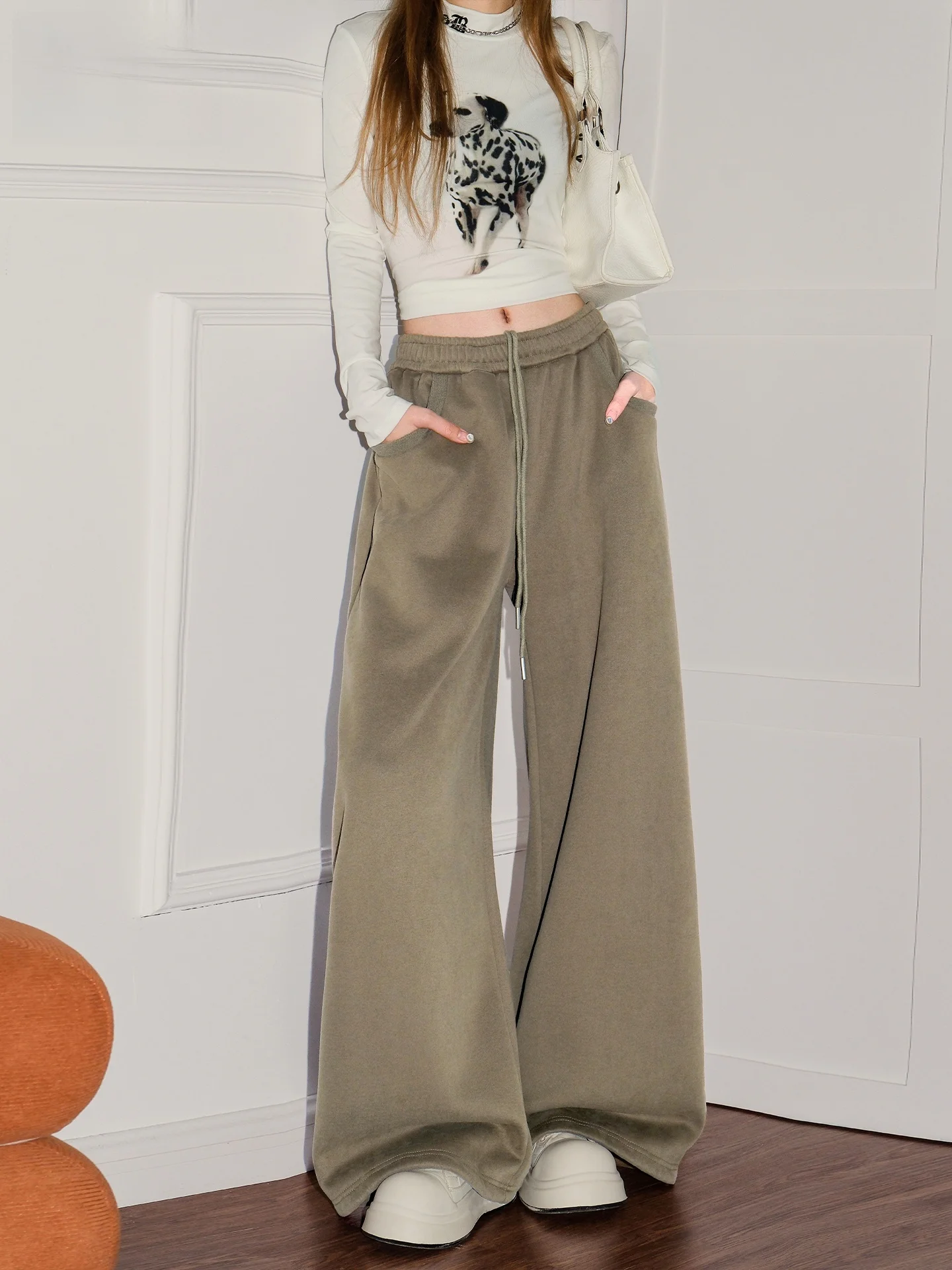 

Женские брюки с высокой талией и широкими штанинами, на флисовой подкладке, цвета хаки, спортивные повседневные свободные драпированные брюки, летняя новинка