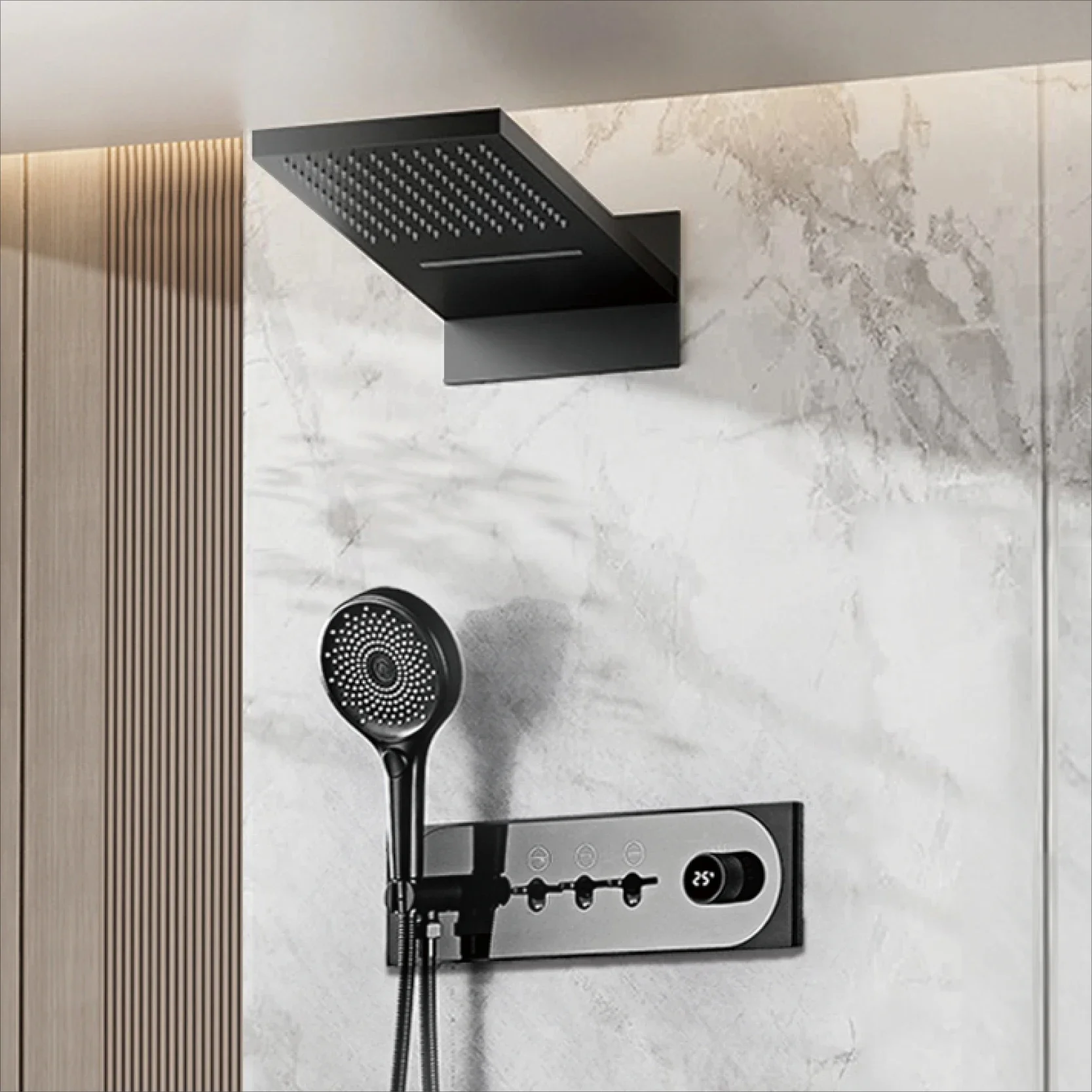 luxury Wall-Mounted Rainfall Black shower system with LED Display 3 Spray Modes Brass Anti-Scald Easy Install Bathroom shower