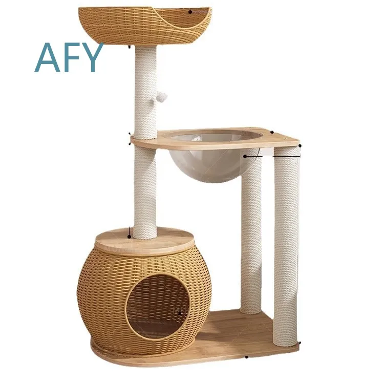 Cat Climbing Frame for Small Apartments Solid Wood Cat Tree with Rattan Nest Space Saving Capsule Design for Indoor Cats