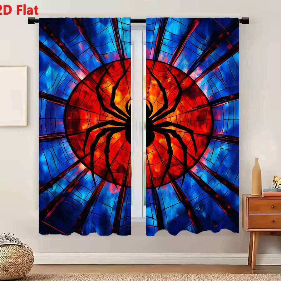 2Pcs Curtains 2D Flat A striking stylized illustration featuring a black spider silhouette centered within a glowing red-orange