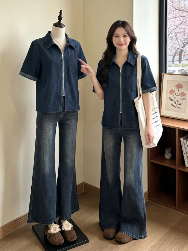 

Salt Series Retro Street Style Thin Denim Short Sleeve Zipper Shirt Women's Summer New plus Size Fat MM Shoulder Length Top