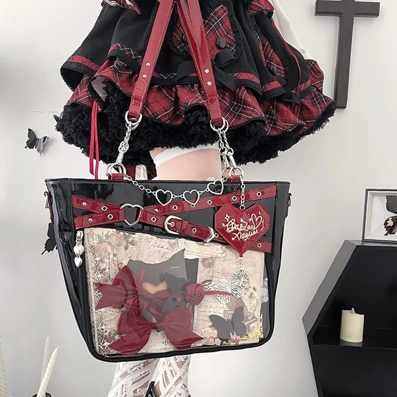 Richme Y2K Women Ita Bags Subculture Gothic Students DIY Badge Tote Bags Lacquer Leather Designer Crossbody Shoulder Bolso Mujer