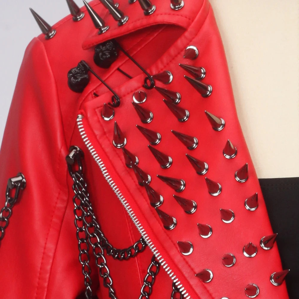 Jaqueta Feminina Vermelha de Couro PU Estilo Gótico Punk Biker com