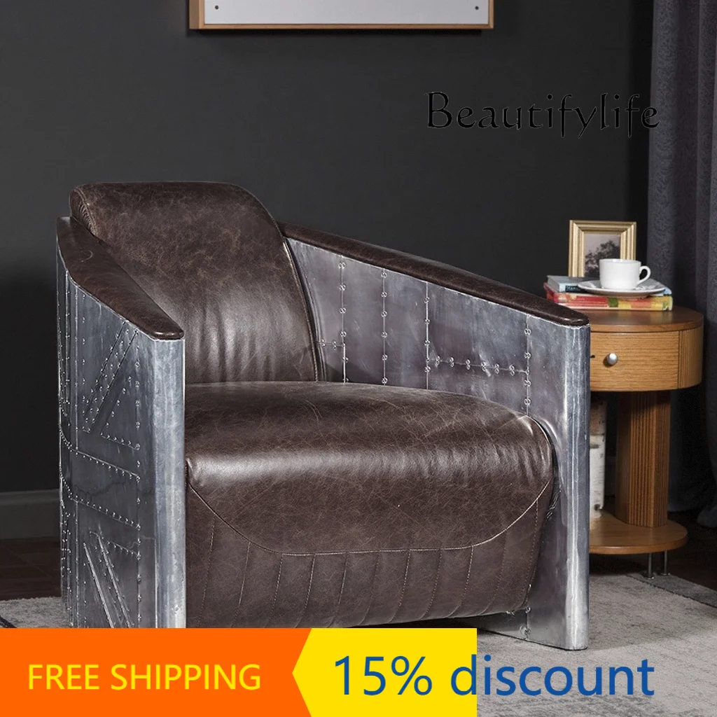 

RR Medieval Single Sofa American Retro Oil Wax Leather Designer Metal Aluminum Leather Leisure Chair Living Room Villa Room