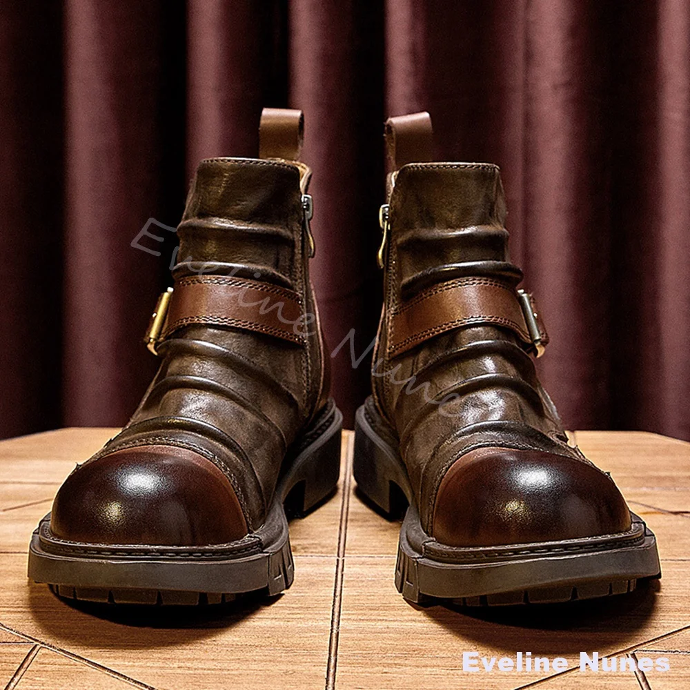 Vintage Distressed Wrinkled Leather Biker Boots Men Buckle Strap Side Zipper Motorcycle Boots Retro Hand Street Work Ankle Boots