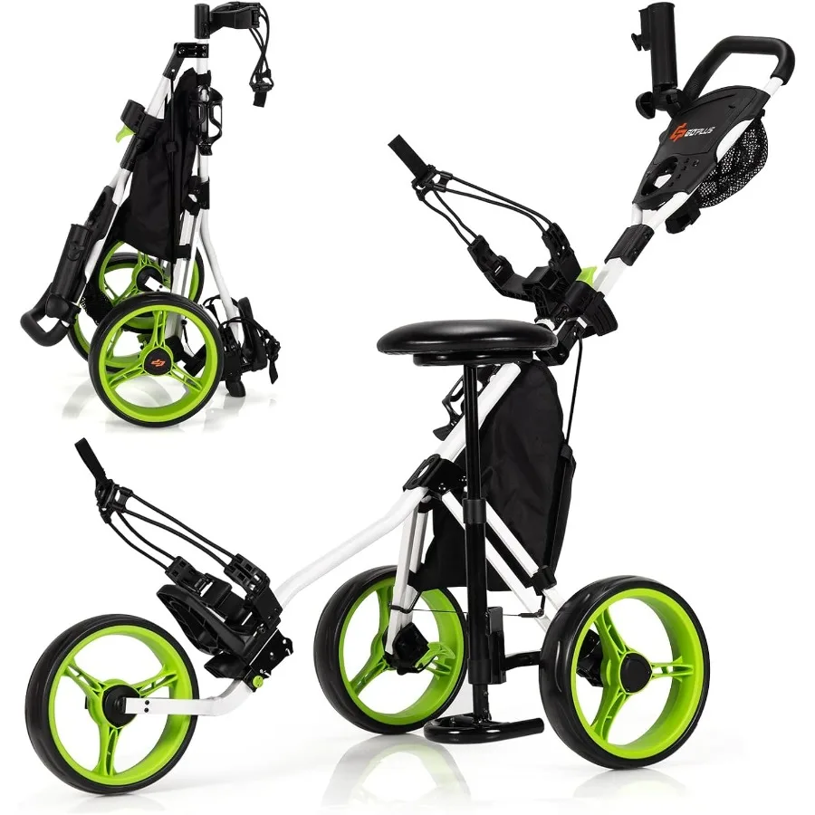 

3-колесная легкая складная тележка для гольфа с регулируемой высотой сиденья, регулируемой высотой ручкой, встроенным держателем для зонта, ножным тормозом и