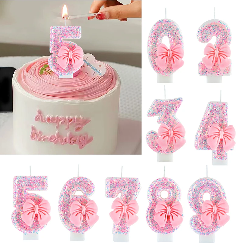 

3D Number Cake Decorating Candles Glitter Pink Bow Cakes Topper Girl's 1st Happy Birthday Dessert Decoration Baby Shower Decor