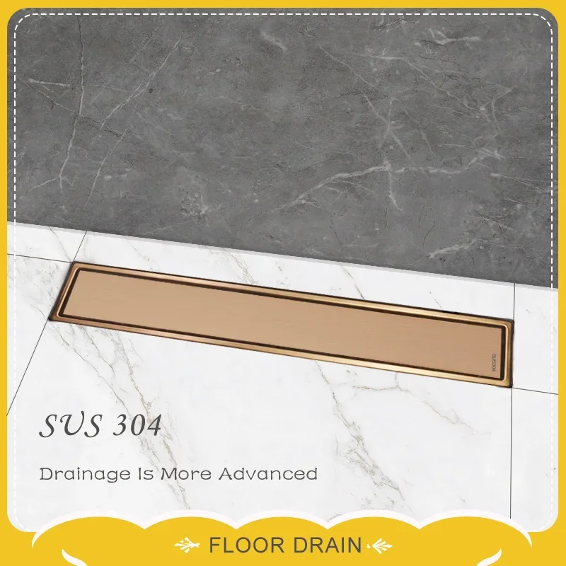 Rose Gold Stainless Steel Floor Drain Tile Insert 10x50CM - Lengthened Deodorant Insect-Proof Cover Removable for Concealment