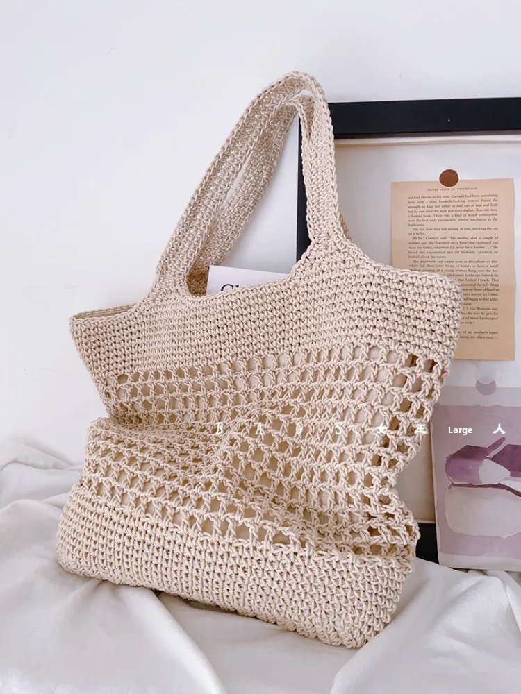 

Large Capaci Handwoven Wax Rope Bag Hollow out Island Sle Beach Vaion Tote Bag Soft Cotton Unwaed Foldable