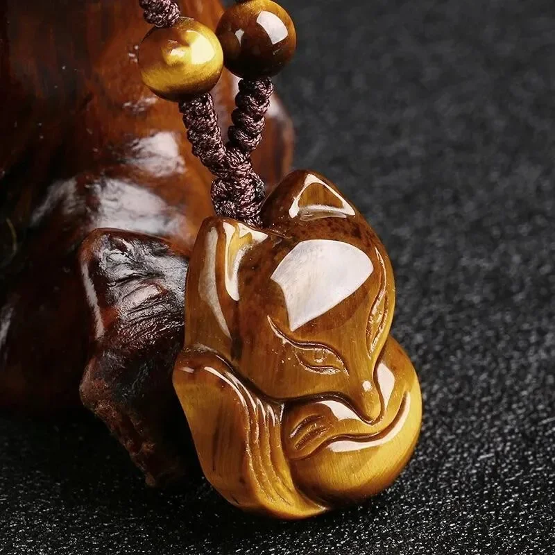 Natural Yellow Tiger Eye Stone Jade Fox Head Pendant Necklace Fashion Charm Jewelry Amulet Luck Gifts Women Men Sweater Chain