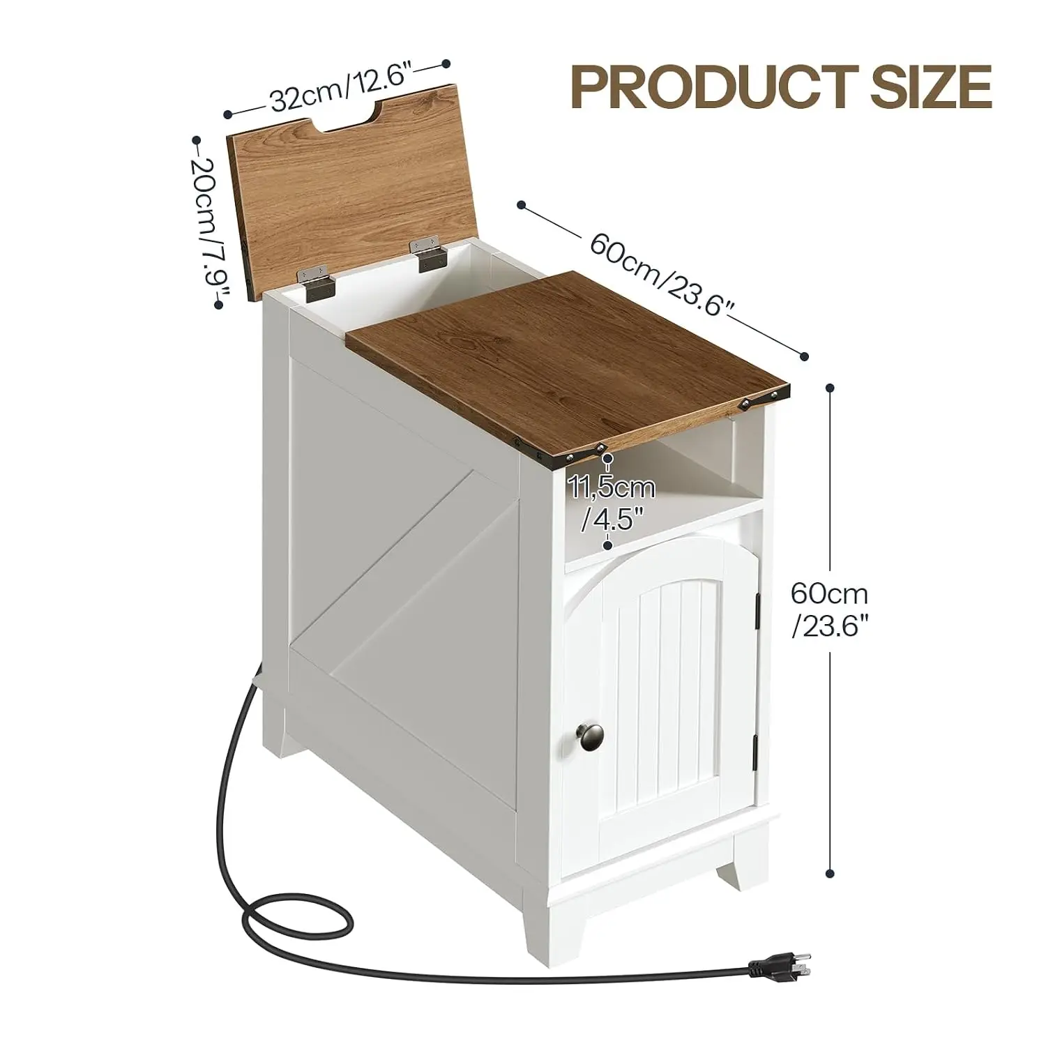 Narrow End Table With Charging Station, Slim Side Table For Small Living Room & Bedroom, Flip Top, White & Walnut, Customized