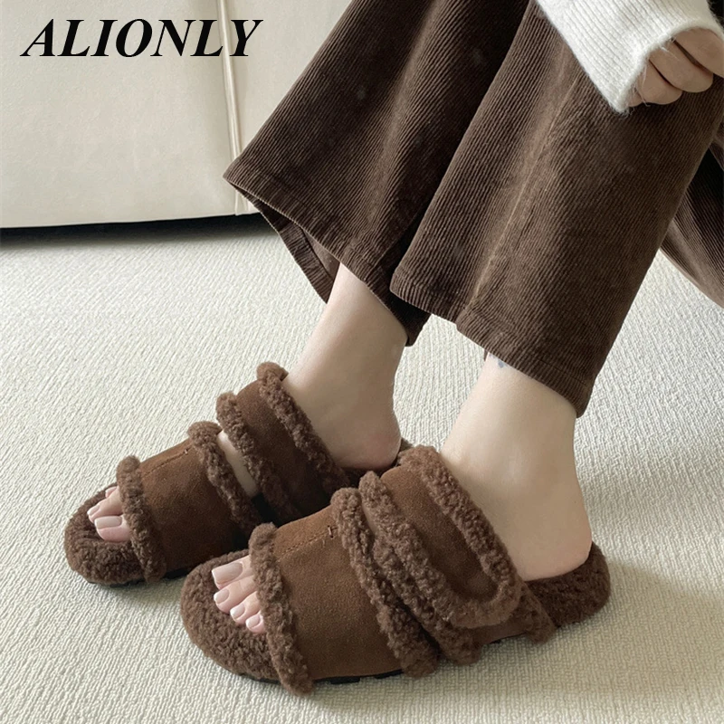 Alionly Women's Fluffy Slippers 2025 New Winter Fuzzy Cotton Shoes Platform Fur Cotton Home Shoes Women Plush House Slippers