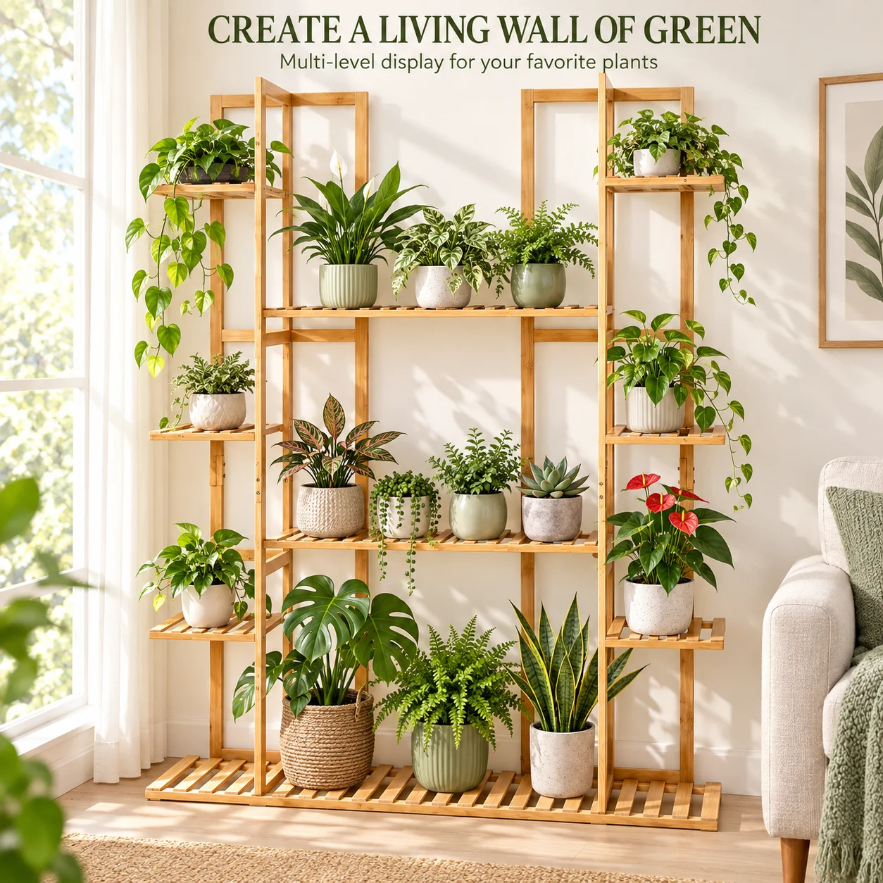 9 Tier Bamboo Plant Stand for Multiple Plants 48in Tall Wooden Flower Pot Display Shelf for Indoor Living Room Balcony Corner