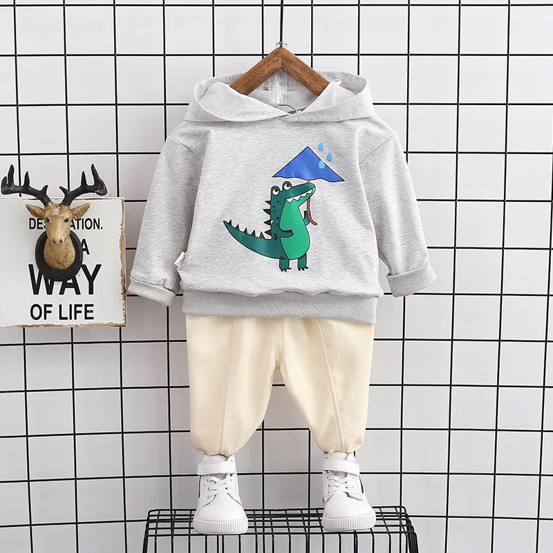 Baby Boy Designer Clothes Spring Autumn Cartoon Dinosaur Long Sleeved Pullover Hooded Hoodies and Pants 2 Piece Toddler Outfits