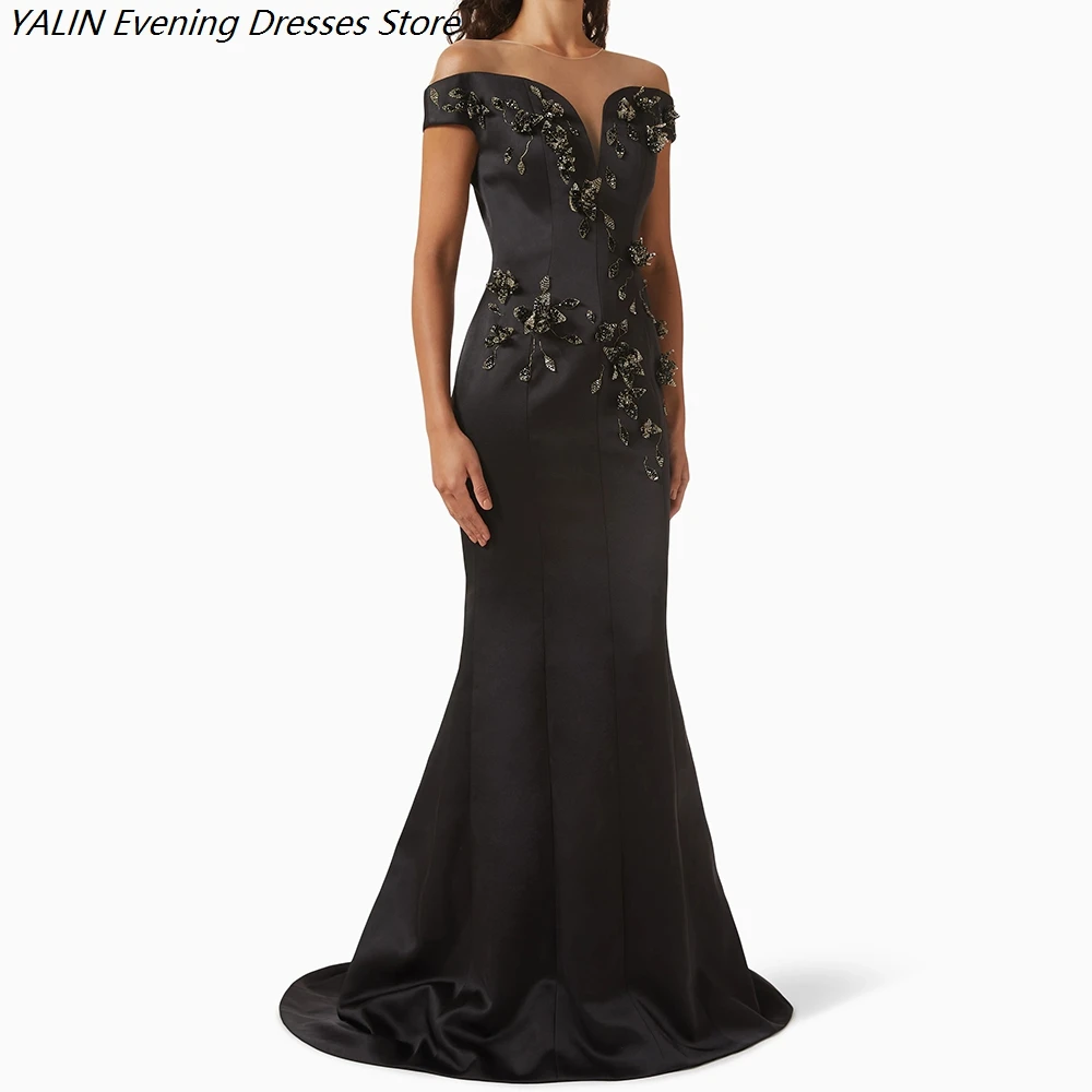

Women's Mermaid Evening Dresses Floor-length Off The Shoulder Sleeveless Prom Dresses Fashion Flowers Draped Customized Gowns