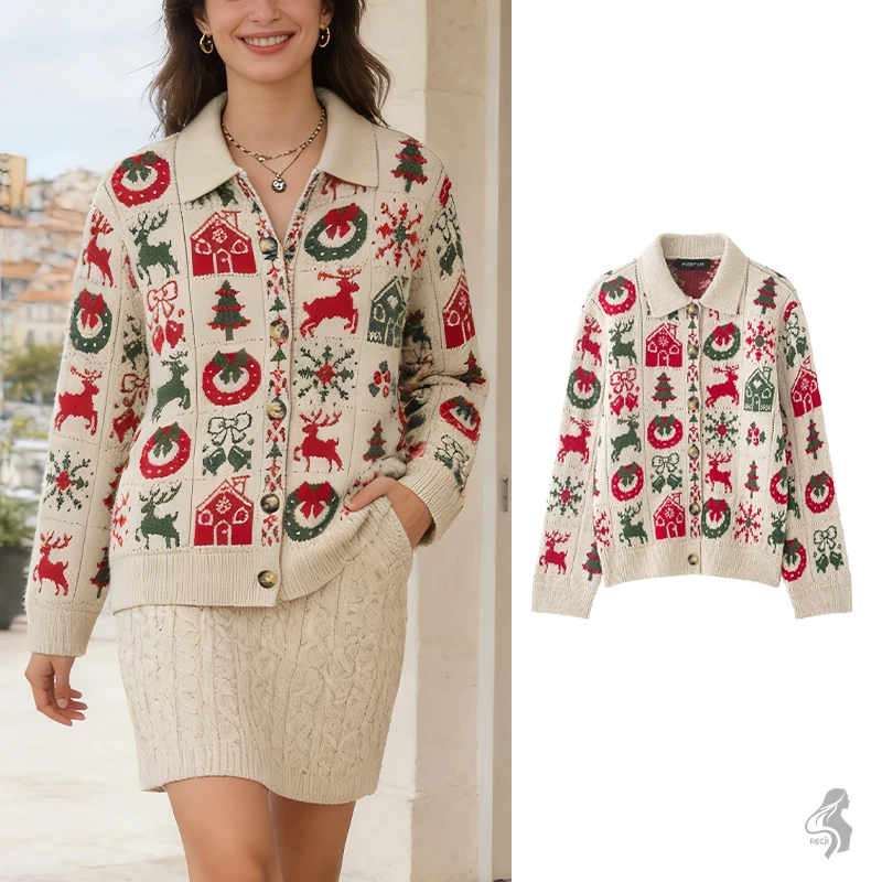 

Christmas Jacquard Polo Collar Knit Cardigan For Women With Reindeer And Christmas Tree Autumn And Winter Casual Short Coat Tops