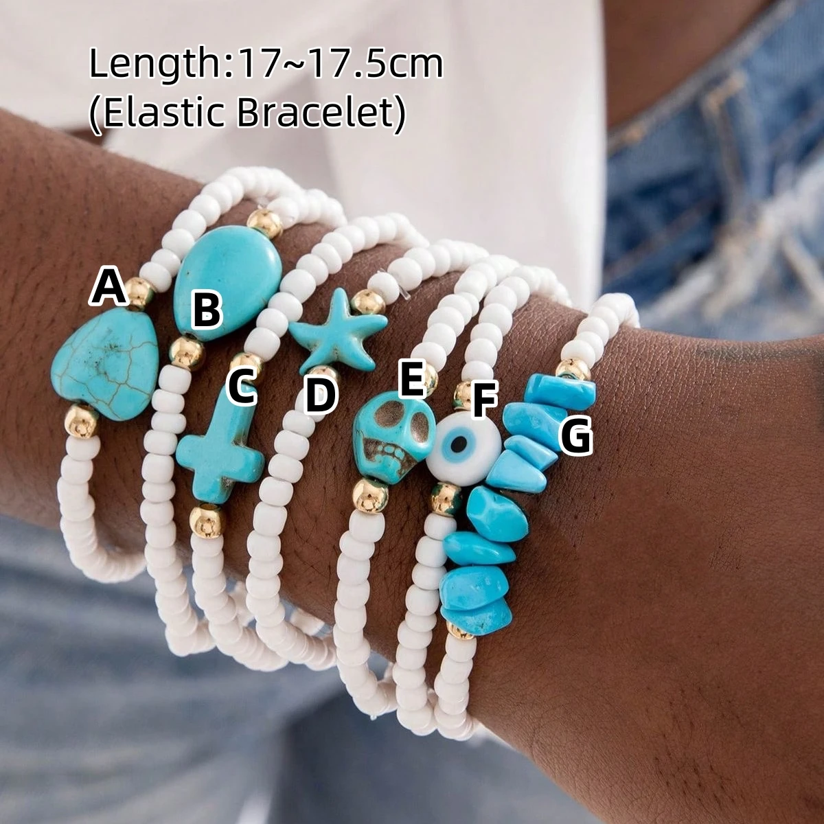 Vlen White Beaded Bracelet with Turquoises Heart Cross Starfish Skull Evil Eye Charm Fashion Jewelry for Women Men Gift