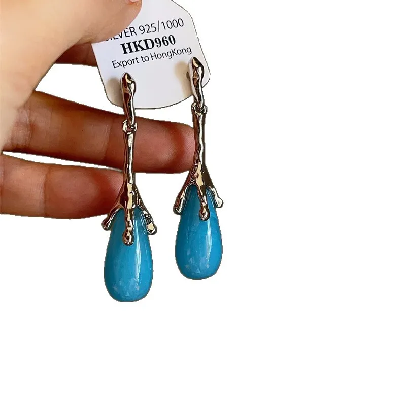 Vintage Fine Jewelry Copy 925 Silver Pin White Crystal Blue Turquoise Teardrop Ear Stud Long Dangle Exaggerated Earring Novelty