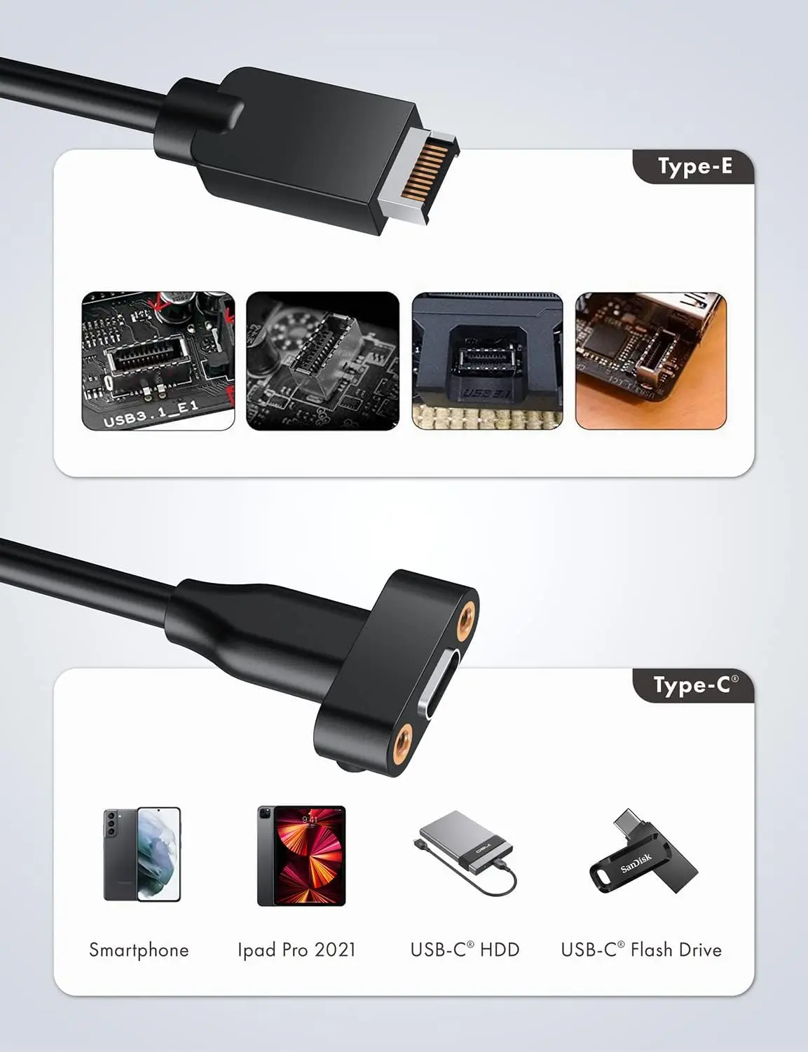 Adapter USB 3.2 20 Gb/s, przedłużacz złącza płyty głównej, złącze USB-C do USB 3.2 typu E Key-A 20-pin z uchwytem PCIe — zdjęcie produktu 3